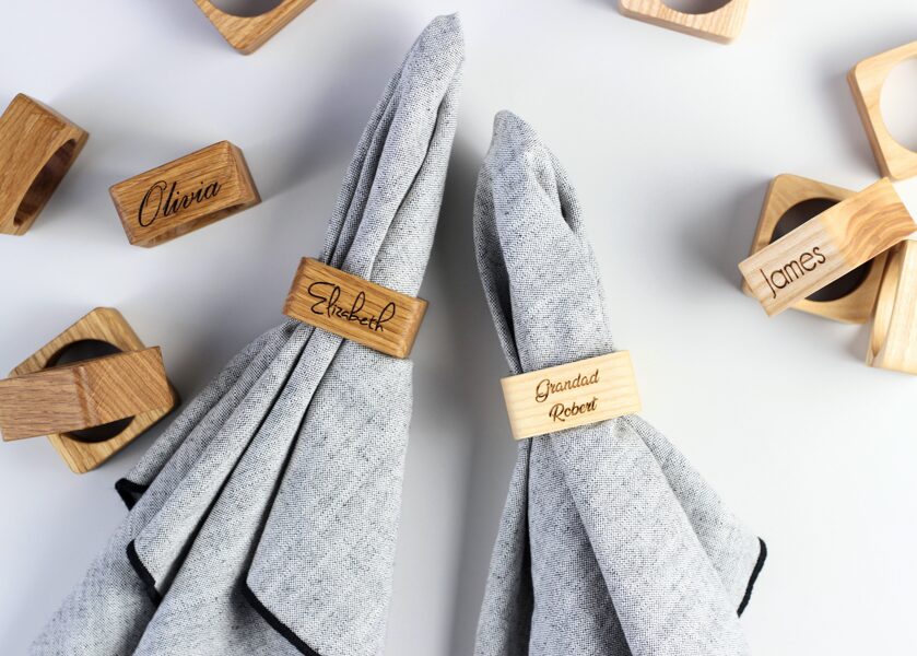Personalized wooden napkin rings with names. 