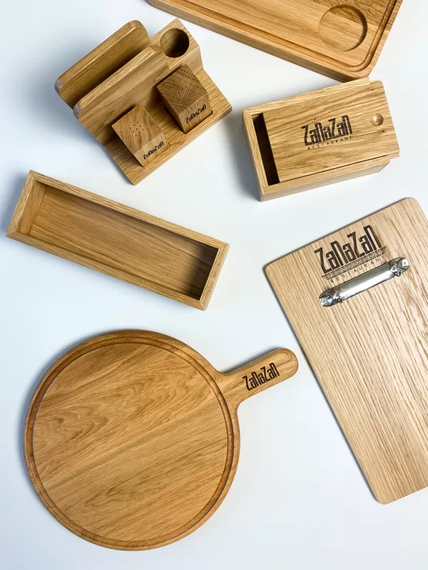 Wood menu board, cutlery box, serving board, check presenter box